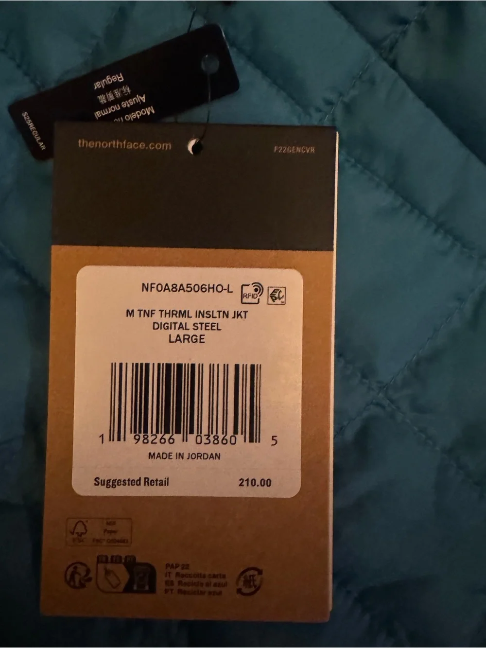 NWT The North Face Men’s Teal Thermoball Packable Quilted Puffer Jacket
